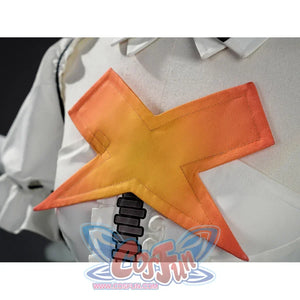 Close-up of the orange X emblem on Aria cosplay costume chest panel with black zipper below.