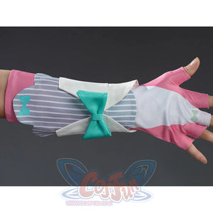 Aria cosplay costume pink and grey striped fingerless gloves with teal bow, shown on hand.