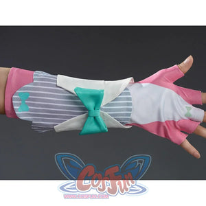 Aria cosplay costume pink and grey striped fingerless gloves with teal bow, shown on hand.