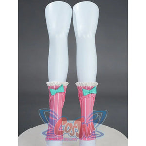 Zenless Zone Zero Aria cosplay leg covers pair pink striped knee socks with white ruffled tops and a small turquoise bow.
