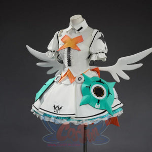 Side view of Aria cosplay costume on mannequin with teal star-shaped arm prop and white wings.