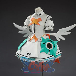 Zenless Zone Zero Aria cosplay dress frames puff sleeves over a pleated skirt with green shield accessories and white wings.