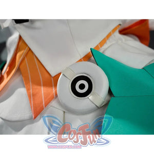 Close-up of Aria cosplay costume white circular speaker piece with orange bow and teal armor.