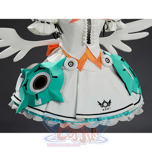 Aria cosplay costume lower skirt view with teal armor, circular speaker, and A.O.D. logo print.