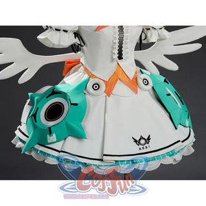 Zenless Zone Zero Aria cosplay skirt gathers white pleats around character-specific embellishments on the lower uniform half.