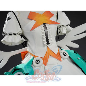 Aria cosplay costume mid-section showing white bodice, orange X, and teal armor skirt with speakers.
