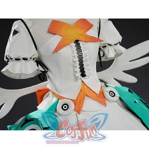 Zenless Zone Zero Aria cosplay bodice drops ruffled collar trim above a winged white skirt paired with teal accessories.