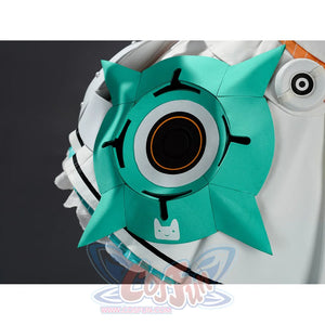 Close-up of Aria cosplay costume teal star shuriken speaker prop with orange ring and cat logo.