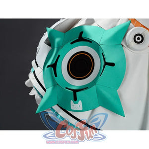 Close-up of Aria cosplay costume teal star shuriken speaker prop with orange ring and cat logo.