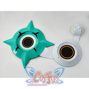 Aria cosplay costume teal shuriken speaker and white circular earphone prop displayed side by side.