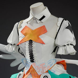 Close-up of Aria cosplay costume upper body with orange X emblem, black zipper spine, and puff sleeves.