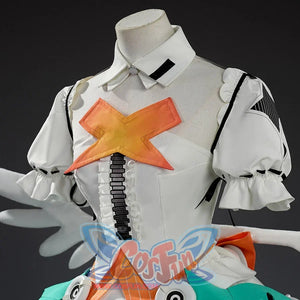 Zenless Zone Zero Aria cosplay top traces ruffled sleeves around an orange gradient X applique and black zipper detail.