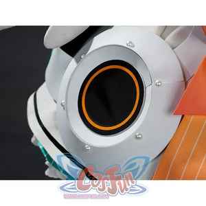 Zenless Zone Zero Aria cosplay prop frames a central black disk inside an orange ring set into a riveted white circular.