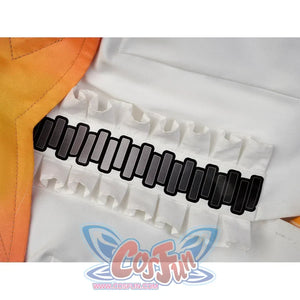 Zenless Zone Zero Aria cosplay fabric sets a black stylized pattern over white ruffles and an orange gradient layer.