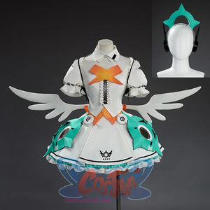 Zenless Zone Zero Aria cosplay dress pairs an orange X applique with teal mechanical hip panels and a segmented headband.