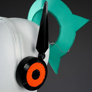 Aria cosplay earphone with teal star hearwear and orange earcup, worn on a white mannequin head.