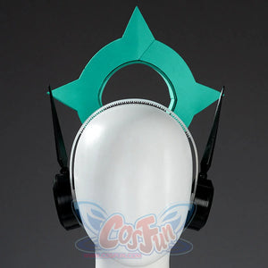 Aria cosplay teal star hearwear displayed on a white mannequin head, full front view.