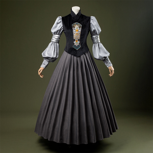 Attack of the Clones Padmé Amidala Cosplay Costume, black and gray vintage outfit, front view.