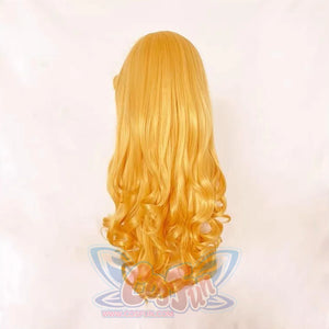 Aurora Princess Cosplay Costume Wig, long blond hair with curly ends, back view