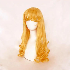 Aurora Princess Cosplay Costume Wig, long blond hair with curly bangs and ends, right side view