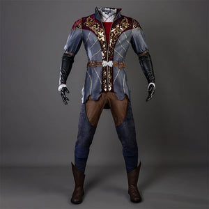 Baldur’s Gate 3 Astarion Cosplay Costume set, the top is made of gray and burgundy fabrics, with gorgeous gold decorations on the chest, a high collar with gold lines on the edges, a brown belt around the waist, blue and black sleeves, lace trim at cuffs, brown upper part of the pants, blue legs, and brown high boots.