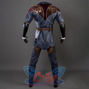 Baldur’s Gate 3 Astarion Cosplay Costume back view, the top is made of gray and burgundy fabrics, with gorgeous gold decorations on the back, a high collar, a brown belt around the waist, blue and black sleeves, lace trim at cuffs, brown upper part of the pants, blue legs.