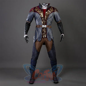 Baldur’s Gate 3 Astarion Cosplay Costume set, the top is made of gray and burgundy fabrics, with gorgeous gold decorations on the chest, a high collar with gold lines on the edges, a brown belt around the waist, blue and black sleeves, lace trim at cuffs, brown upper part of the pants, blue legs, and brown high boots.