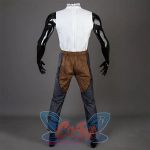 Baldur’s Gate 3 Astarion Cosplay Costume undershirt back, the undershirt's back is white with white lace collar, brown upper part of the pants, blue legs.