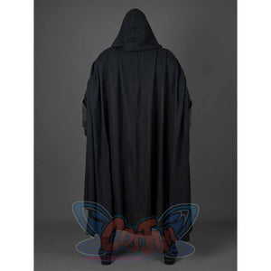 Focuses on the back of the Baylan Skoll cosplay costume, showcasing the black hooded cloak’s design and texture.