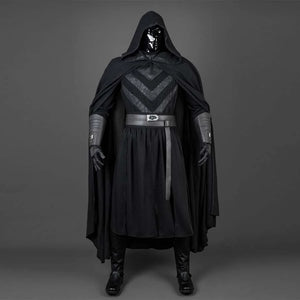 Shows a mannequin in the complete Baylan Skoll cosplay costume, featuring a black hooded cloak, tunic with chevron details, belt, and boots.