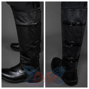 Presents close-ups of Baylan Skoll’s cosplay boots, showcasing the black leather - like material, multiple buckles, and design details.