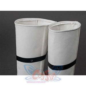 Close - up of the top part of Ben Grimm cosplay boots, focusing on the white material and stitching.