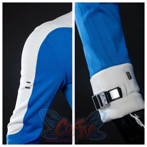 Close - up details of the arm and cuff of the Ben Grimm costume, showing the white - blue color scheme and the buckle - like design on the cuff.