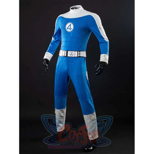 Front view of the Ben Grimm costume, focusing on the white belt with the “4” emblem and the structured design of the blue jumpsuit.