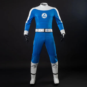 Complete front view of the Ben Grimm costume, showcasing the blue and white jumpsuit with the iconic “4” emblem, white belt, and matching boots.