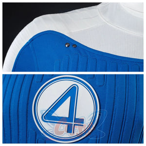 Close - up views of the shoulder and the “4” emblem on the Ben Grimm costume, highlighting the stitching and material quality.