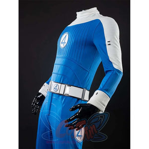 Side view of the Ben Grimm costume, concentrating on the upper body design, including the “4” emblem on the chest and the white - blue color blocking.