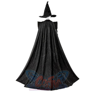 Back view of Elphaba cosplay costume displaying textured flowing cape and witch hat