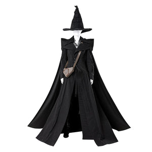 Black Elphaba cosplay costume with witch hat, long dress, cape, and shoulder bag - full front view