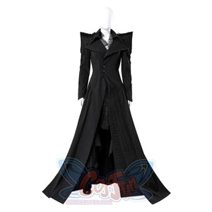 Close-up of Elphaba cosplay costume button and fastening details on trench coat