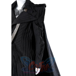 Close-up of Elphaba cosplay costume pleated dress fabric and embroidered pattern details