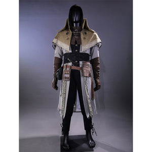 Bloodborne Ludwig cosplay costume front view on mannequin with hooded cape, dark coat, belt pouches