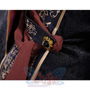 Cainhurst Knight cosplay costume coat detail with burgundy sash and golden jeweled brooch