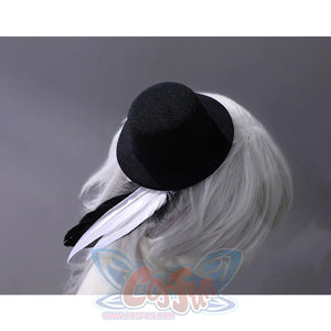Cainhurst Knight cosplay costume headdress detail with black hat and elegant white feather accent