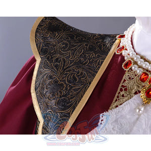 Cainhurst Knight cosplay costume shoulder detail featuring intricate jacquard embroidery and golden trim