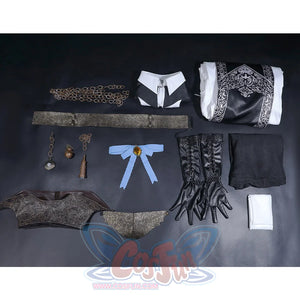 Bloodborne Choir Cosplay Costume All Set, includes waist chain, shawl, coat, belt, pocket watch, necklace, pendant, neckpiece, gloves, underskirt, hat, hat brim, scarf.