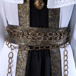 There is a belt with a metal chain and decorations at the waist and bells, pocket watch and other ornaments are hung on the chain