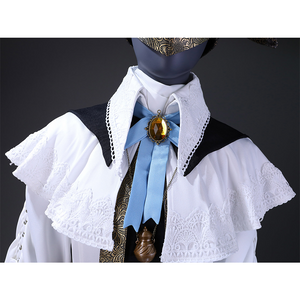 The neckline is decorated with delicate white lace and a blue ribbon with gemstones in the middle.