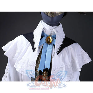 The neckline is decorated with delicate white lace and a blue ribbon with gemstones in the middle.