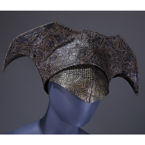 The hat has a unique shape and pattern, there are also decorations that partially cover the face, further enhancing the mysterious atmosphere.
